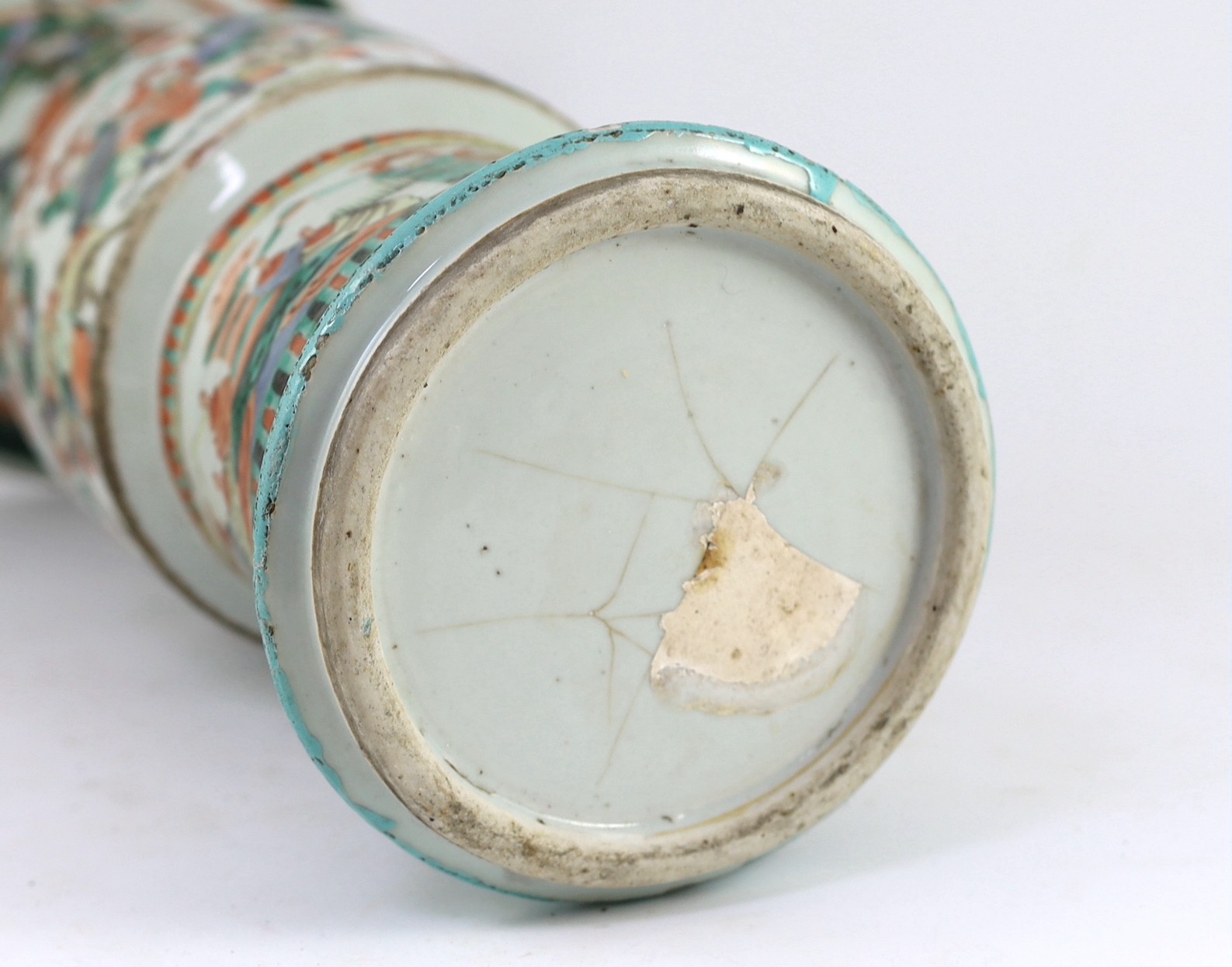 A Chinese famille verte beaker vase, gu, 19th century, 45cm high, glaze losses and damage to base